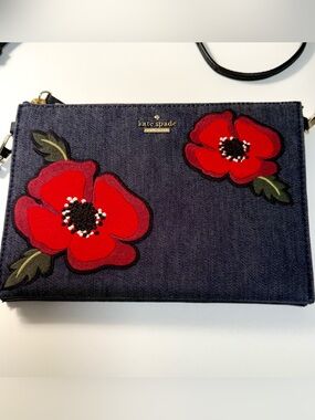 Kate Spade Cameron Street Poppy Dilon Denim Crossbody Bag Port Blue with Red EUC